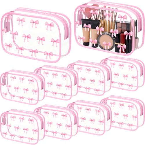 10-Piece Clear Pink Bow Makeup Bag Set - Waterproof Coquette Travel Pouch