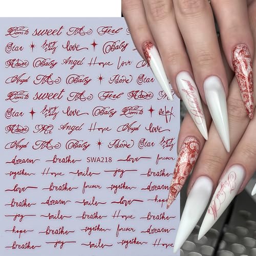 Sxidrosck English Letter Nail Stickers 6 Sheets 3D Self-Adhesive Black Red Cursive Word Design for Nail Art DIY