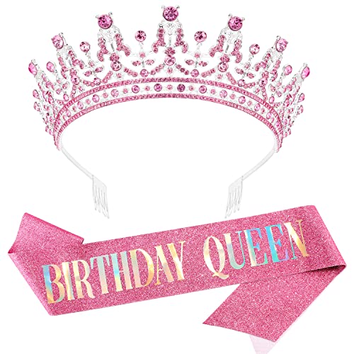 Pink Birthday Queen Sash & Tiara Kit - Rhinestone Crown Set