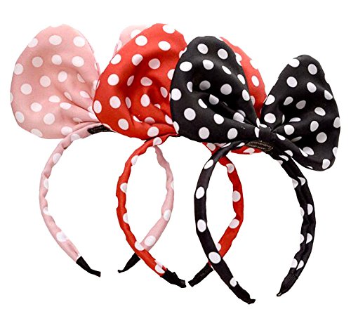 Satin White Jumbo Polka Dot Mouse Ears Headband Set - Red, Black & Pink