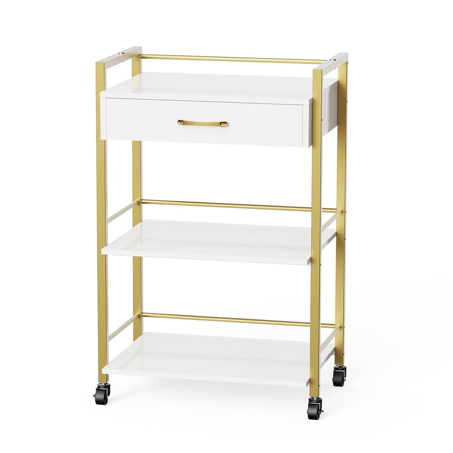 OmySalon Salon Trolley Cart - Mobile Beauty Storage Organizer with 1 Drawer & 2 Trays | White Gold