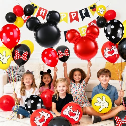 64 Pcs Cartoon Themed Black Red Yellow Balloons - 12 Inch Party Decor