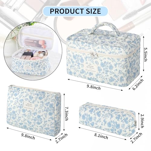 senbowe Blue-White Floral Makeup Bag Set - 3 Pack Cotton Organizer