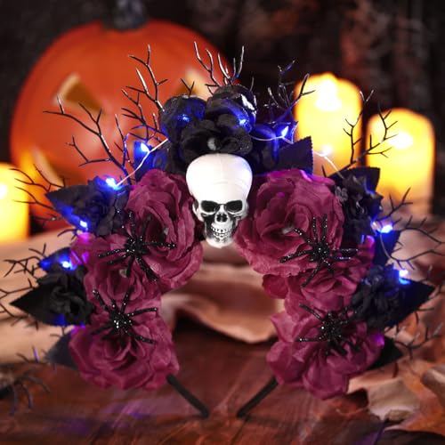 LED Light Up Rose Halo Crown Headband for Women - Gothic Skull Design