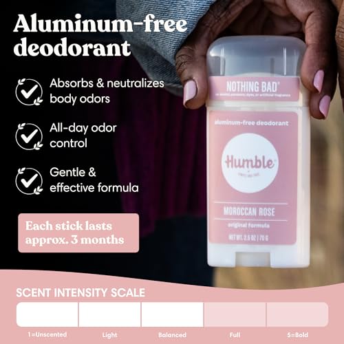 Humble Aluminum-Free Deodorant for Women & Men, Moroccan Rose - Clean & Fresh Natural Deodorant Stick with Essential Oils for Long-Lasting Odor Control - 1 Pack