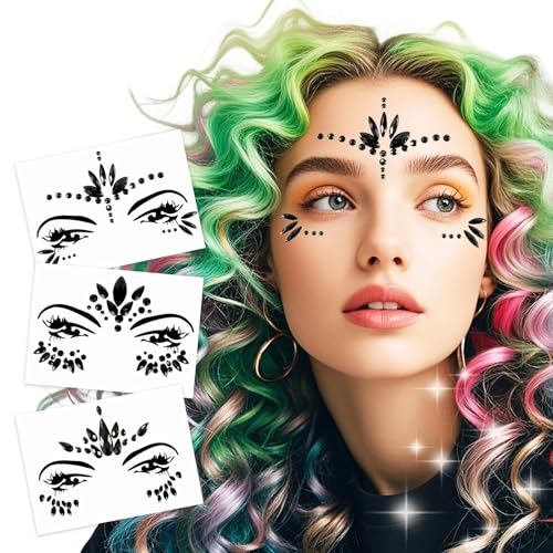 LEOARS Black Mermaid Face Gem Jewels for Festival & Halloween, 3 Sets