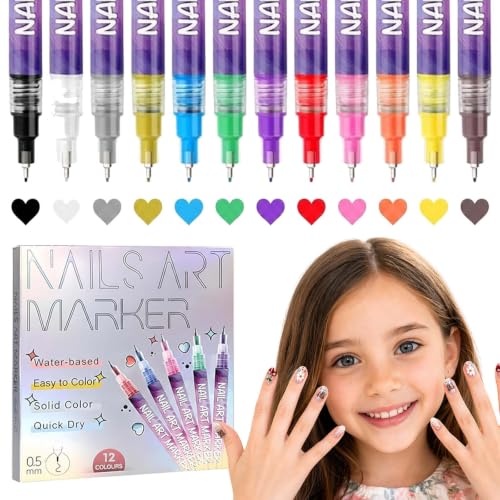 Kids Nail Art Pens Set - 12 Vibrant Colors, Fine Tip, Quick Dry & Waterproof