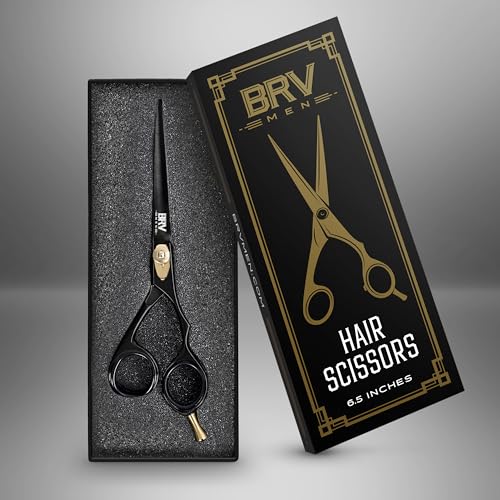 BRV MEN Razor Sharp Hair Scissors 6.5" Hammer Forged, Hand Sharpened, 100% Stainless Steel, Right-Handed, Black
