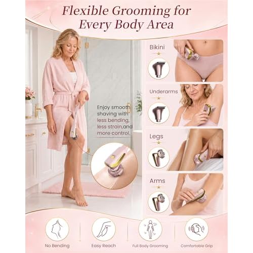 Electric Razors for Women Legs: Long Handle Easy Reach Legs Shaver, 6D Body Shaver for Fast & Smooth Grooming, 2 in 1 Waterproof Bikini Trimmer Kit for Lady Hair Removal, Gift for Her (Nude Pink)