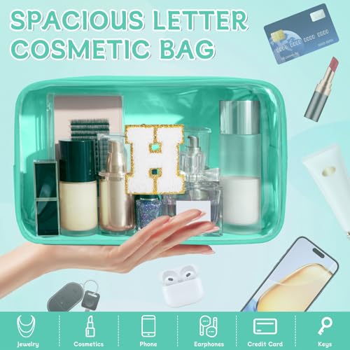 Personalized Initial Makeup Bag - WELIDAY Chenille Cosmetic Pouch (Green, H)