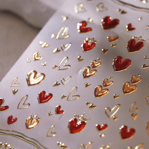 WBRRFJJ Valentine's Day 5D Heart Nail Art Stickers - Gold Pink & Moon Designs, Self-Adhesive DIY Nail Decals - Listing Variation 1