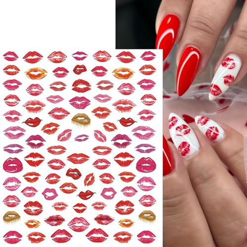 Valentine's Day Lip Nail Stickers - 6 Sheets Self-Adhesive Colorful Lip Decals for Manicure, Pink & Red Lips & Heart Design, Lip Variation