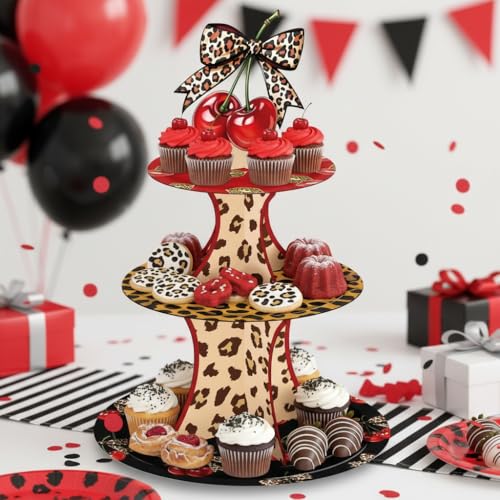 3-Tier Cheetah Print Cherry Cupcake Stand for Parties