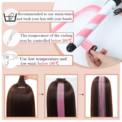 12 Pcs Pink Clip-In Hair Extensions for Girls - 22 Inch Straight Highlights