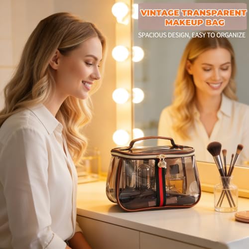 Purple Retro Vintage Vanity Bag - Clear Makeup Organizer with Handle