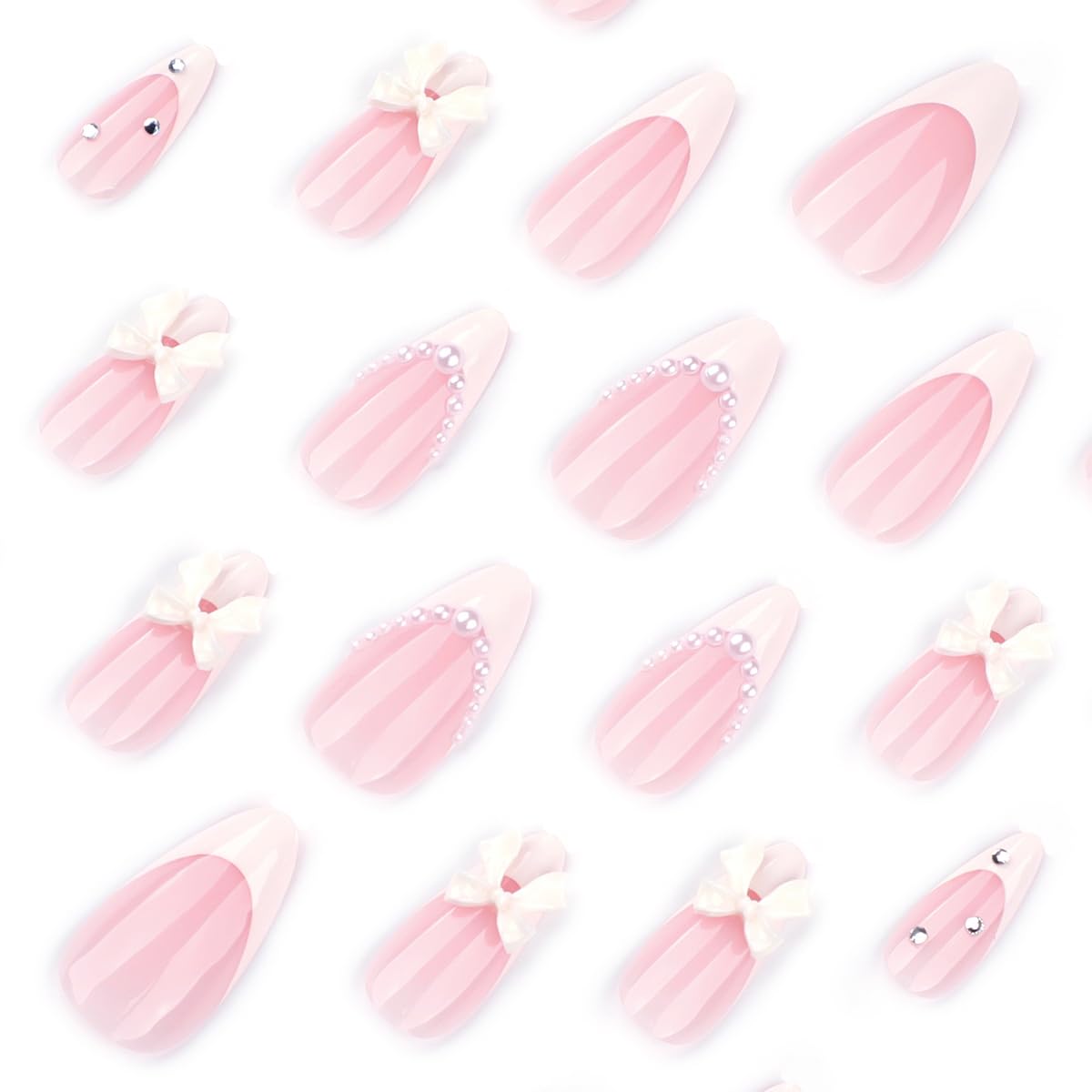 French Tip Press-On Nails - Almond Shape Medium 24 Pcs | 3D White Bow & Pearl Designs, Reusable Acrylic for Manicure