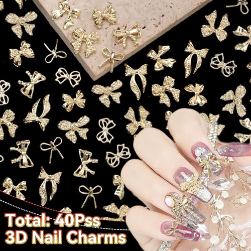 40 Pcs Gold Bow Nail Charms for Nail Art - Shiny Alloy Accessories