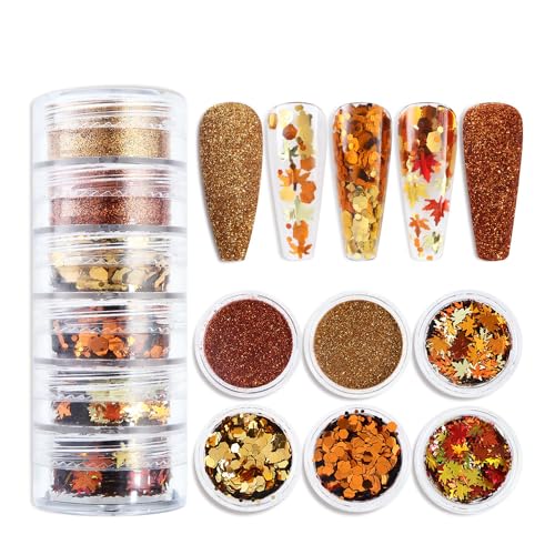 LPOODDNU Fall Gold Nail Art Glitters 6 Jars Autumn Leaves Nail Decorations