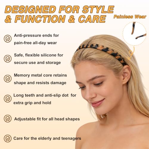 Lumitrail Tortoise & Black Silicone Non-Slip Headbands for Women, No Pain Hair Accessory
