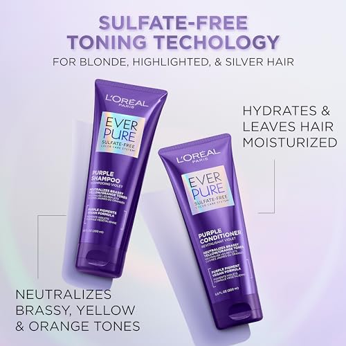 L¡¯Oreal Paris Sulfate Free Brass Toning Purple Shampoo for Blonde, Bleached, Silver, or Brown Highlighted Hair, EverPure, 6.8 Fl Oz (Packaging May Vary)