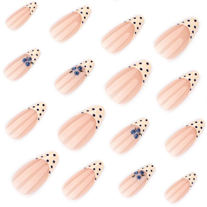 Almond Press on Nails Medium - Yellow French Tip Fake Nails with Polka Dots & Blueberry Design,Reusable Artificial Glue on Nails for Women Girls Spring Summer Manicure 24Pcs
