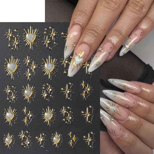 3 Sheets Gold Star Nail Stickers with Rhinestones - 5D Aurora Design