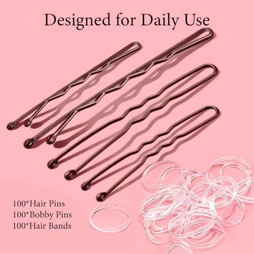 300PCS Hair Styling Kit: Brown Bobby Pins, Hair Pins & Bands