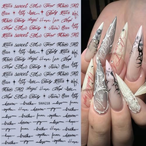 6 Sheets Cursive Letter Nail Stickers - 3D Self-Adhesive Nail Decals
