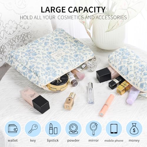 senbowe Blue-White Floral Makeup Bag Set - 3 Pack Cotton Organizer