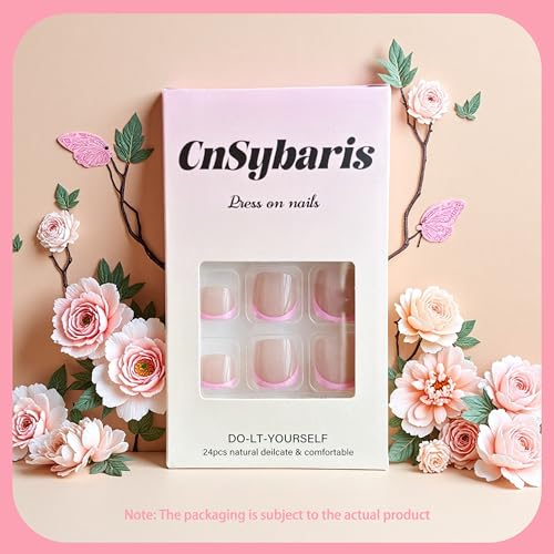24 Pcs Pink French Tip Press On Toenails - Glittery Full Cover