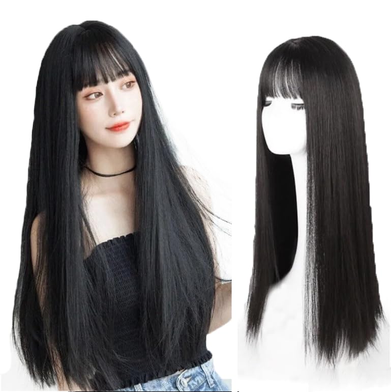 MaitianGuyou Women's Natural Black Long Straight Hair Wig with Air Bangs - Heat-Resistant Synthetic Topper 70cm