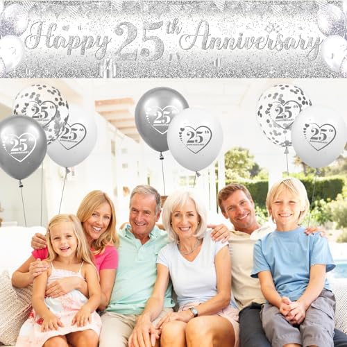 Silver 25th Anniversary Decorations Kit with Banner & Balloons