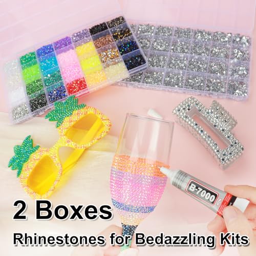 BAOYAALIN 2 Boxes Rhinestones Kit with 3Pcs 10ml B7000 Glue, Multicolor 28 Colors + Silver Clear 2–6mm