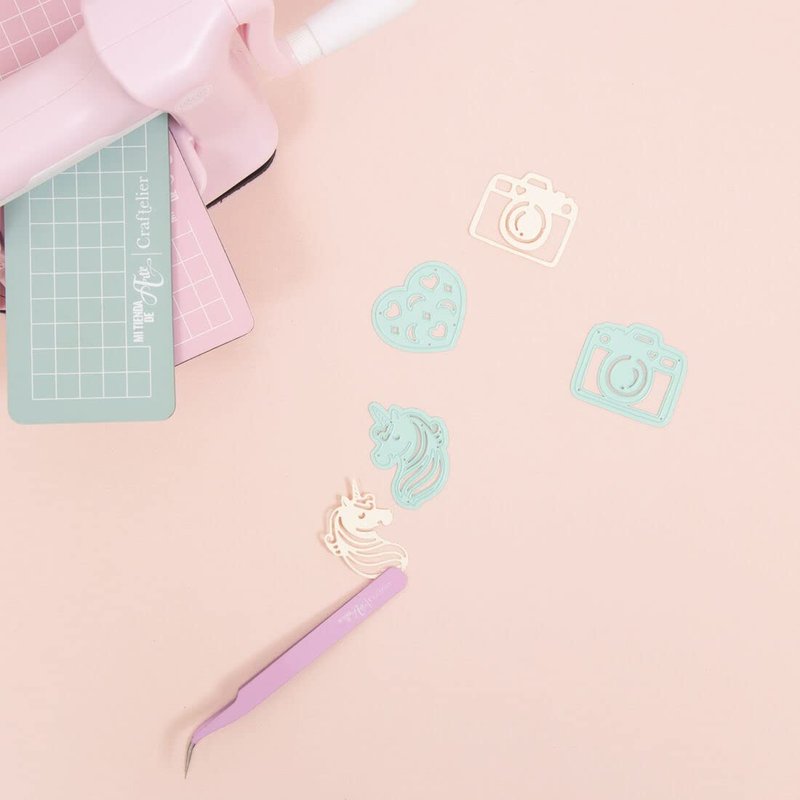 Craftelier - Precision Tweezers with Curved Tip and Spiked Finish for Die Cutting and Placing Small Pieces and Ornaments | Includes Cap to Protect the Tip | Pink Colour
