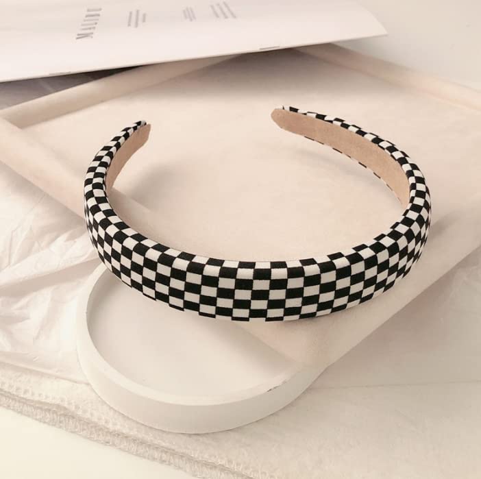 Black and White Checkered Headband for Women - Stretchable Tartan Hair Accessory