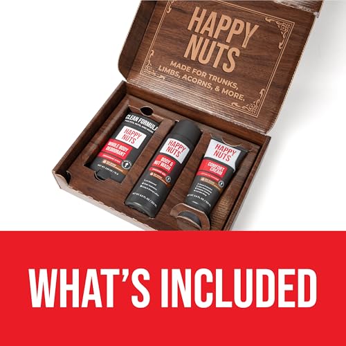 HAPPY NUTS Mens Gift Hygiene Kit - Big Wood Energy Box Men's Gift - Whole Body Deodorant, Moisturizing Body Wash, Anti-Chafing Comfort Cream - Body & Shower Gift Set Self Care For His Total Package