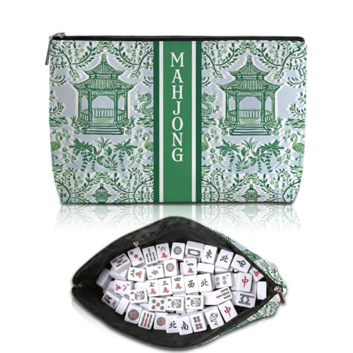 Multicolor Green Chinoiserie Mahjong Tile Bag with Makeup Storage - Blue Leaves