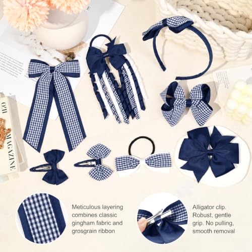 DEEKA 13-Piece Navy Blue Gingham School Hair Accessories Set for Girls