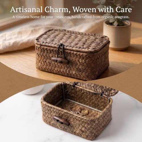 Handwoven Seagrass Basket with Lid for Makeup & Jewelry Storage