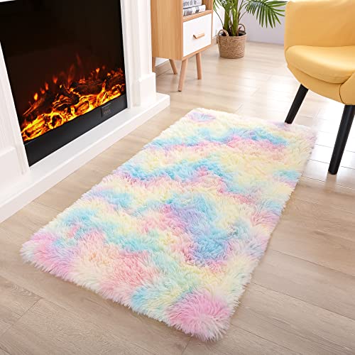 Noahas Rainbow Fluffy Soft Runner Rug - Non-Slip Kids Bedroom