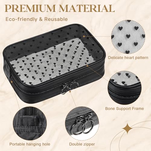 2 Pack Black Heart Mesh Makeup & Toiletry Bags - Large Travel Organizer