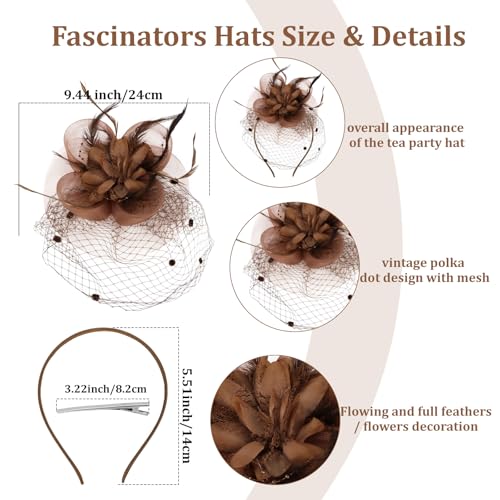 Reddish Brown Fascinators Hat for Women Mesh Feathers Tea Party Derby Headband with Hair Clip