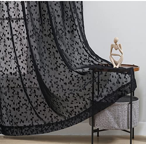 Jubilantex Black Lace Sheer Curtains with Leaf Buds Pattern - 52" W x 63" L, Light Filtering, 2 Panels