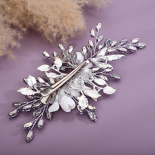 Xerling Royal Blue Rhinestone Flower Hair Barrette for Weddings