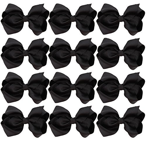 ICObuty 4 Inch Black Hair Bows for Girls 12 Pack Baby Toddler Hair Clips