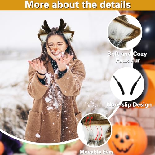 SIOTMERA Reindeer Antlers Headband Christmas Deer Costume Dark Brown One Size