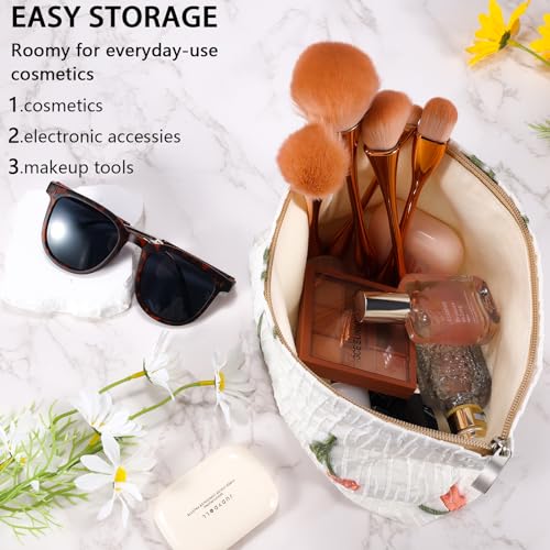 AF Tulip White Makeup Bag for Women Small Floral Cosmetic Pouch Travel Organizer