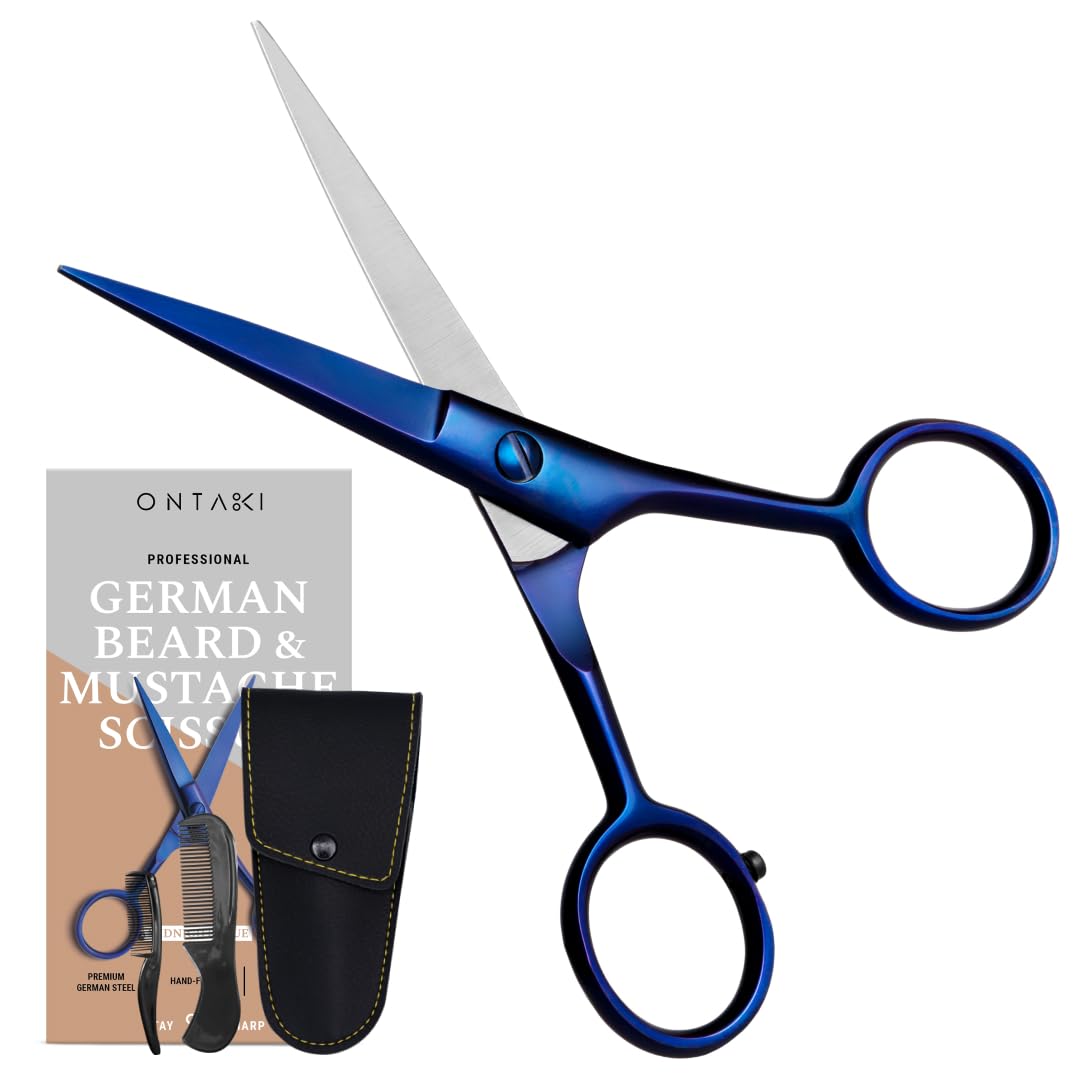 Ontaki Beard & Mustache Scissors for Men - 5inch, Midnight Blue - 410C German Steel Durable, Ergonomic Design Travel Friendly Beard Scissors for Men - Beard Kit 2 Combs & Case Perfect for Styling