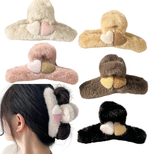Rannyrena Heart Fuzzy Plush Hair Claw Clips Set of 5 for Women, Strong Grip & Non-slip
