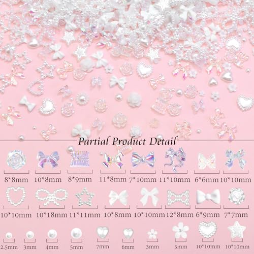 RODAKY White 3D Nail Charms Set with Bows Hearts Butterflies Assorted Decorations